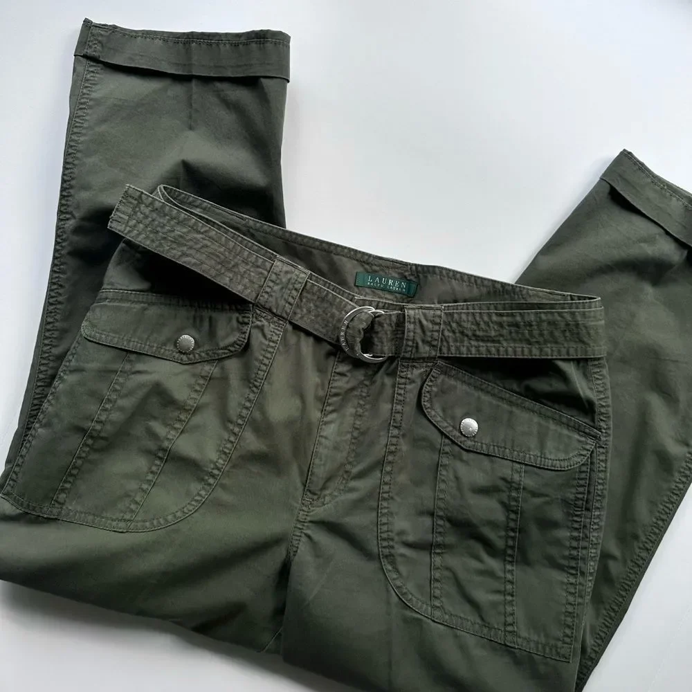Lauren Ralph Lauren Green Khaki Belted Safari Style Cropped Trousers Capri 10